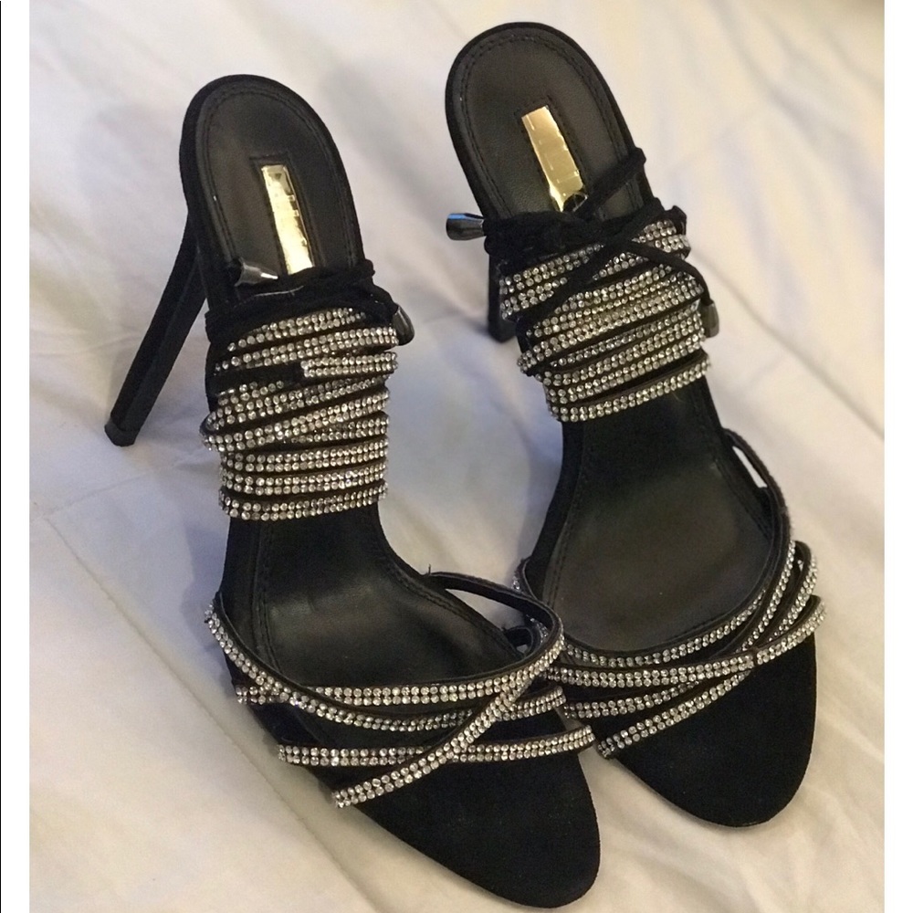 Black Rhinestone Lace Up Heels